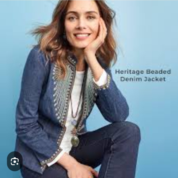 Chico's Embellished Heritage Turquoise Beaded Denim Jacket Inkspill Indigo Sz L - Picture 3 of 16